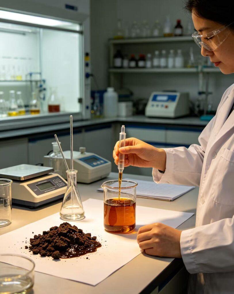 A female chemist in a white lab coat and safety goggles conducts liquid testing with a pipette and beaker in Jinxiang Chemical’s modern laboratory, with lab equipment and chemical samples visible on the workbench.