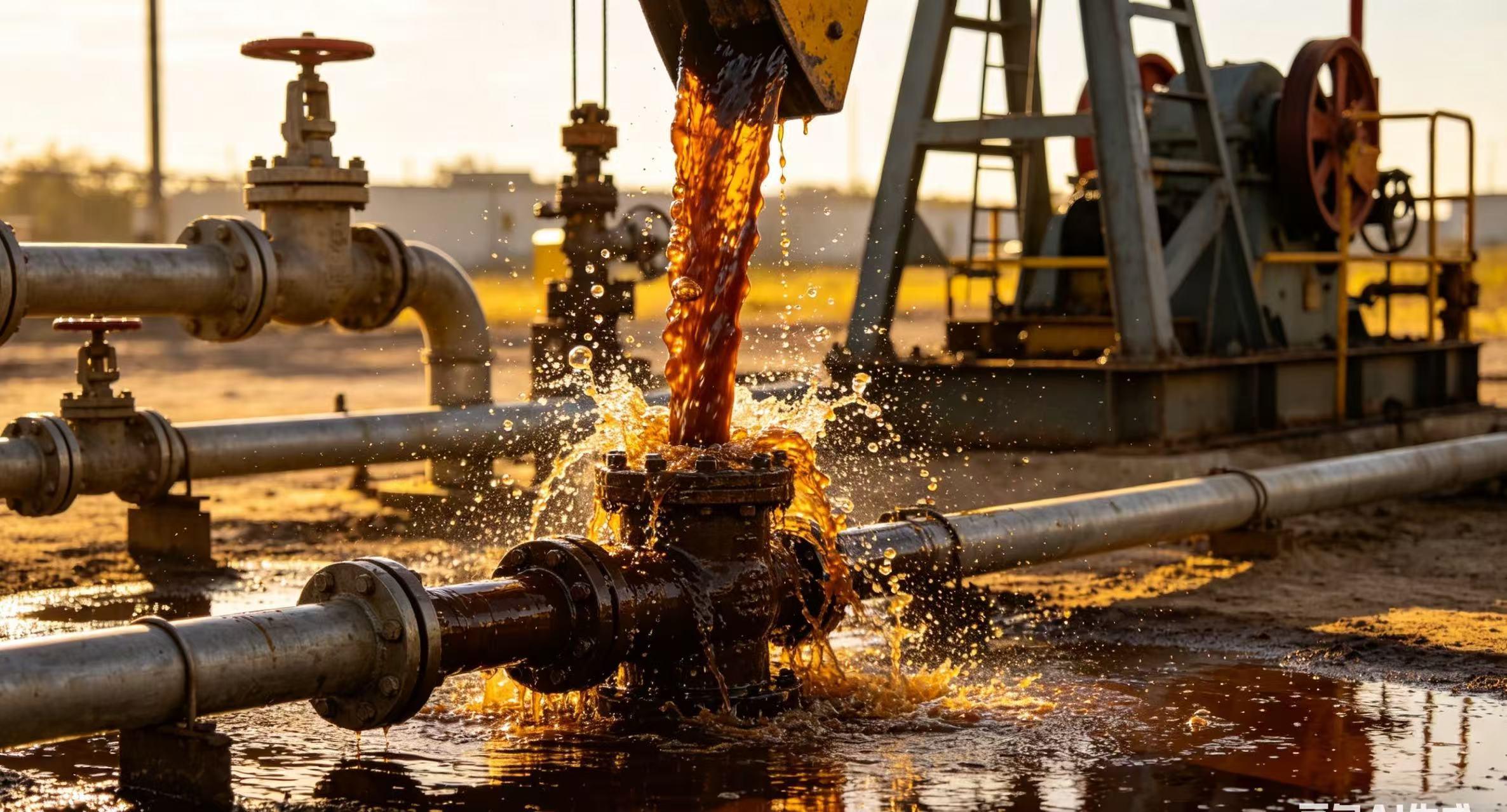 Crude oil leaking from pipeline valve at oilfield with pumpjack in sunset background