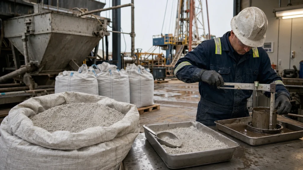 Barite powder quality and drilling mud density testing at a drilling site