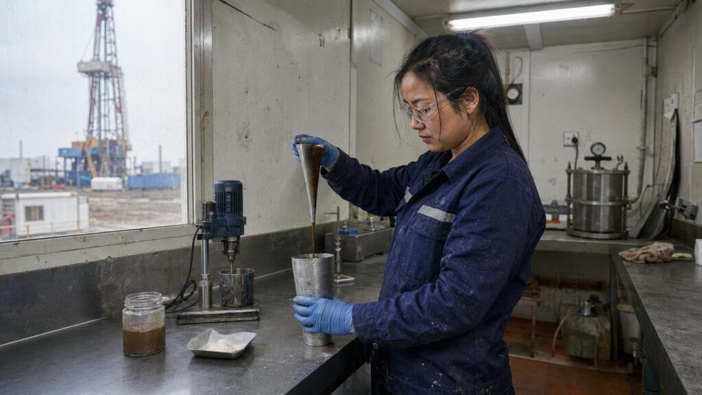 CMC powder added to water-based drilling fluid for viscosity and fluid loss control