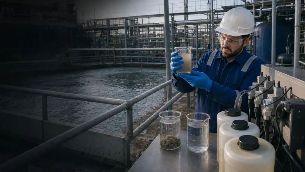 Technician conducts a six-beaker jar test to compare water treatment chemicals for industrial wastewater.
