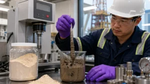Chinese engineer testing xanthan gum drilling fluid in a laboratory for viscosity and suspension control