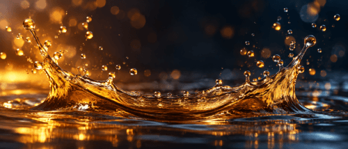 Amber drilling fluid splash illustrating fluid loss control additives for water-based drilling systems