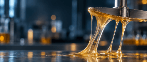 High-viscosity amber water-based drilling fluid forming elastic strands during a laboratory rheology demonstration